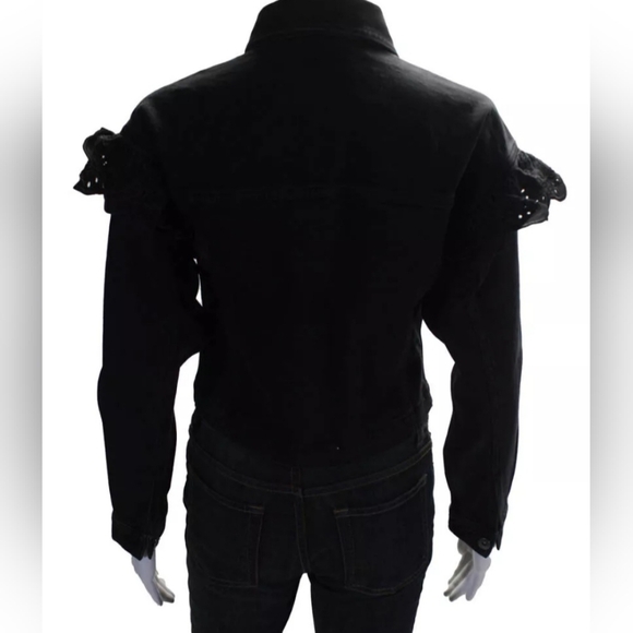 Something Navy Womens Denim Ruffled Button Up Jean Jacket Black Size XXS - Picture 3 of 5